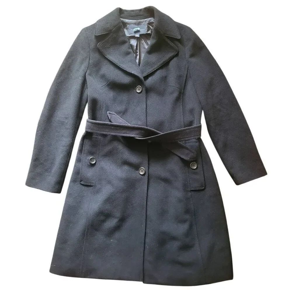Vintage Banana Republic Coat Women's XL Black Wool Blend Belted Pea Mid Length